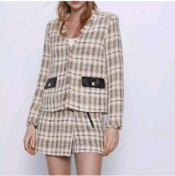 Zara Metallic Fringe Tweed Faux Leather Blazer Sz Xs - Picture 1 of 7
